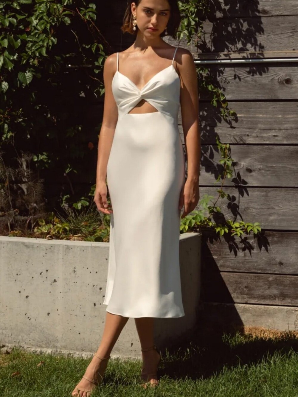 Jenny Yoo Twist-Front Midi Dress with Cutout In Ivory White